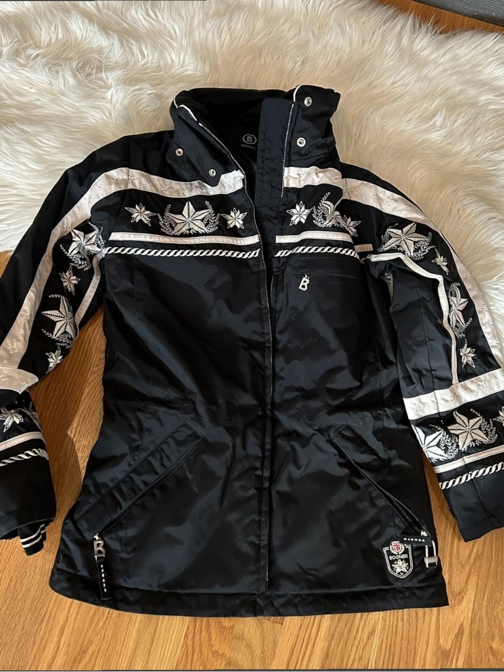 Bogner Black Ski Jacket with White Floral Embroidery